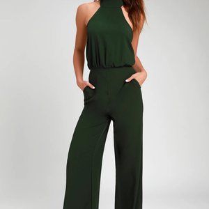Lulu’s Moment For Life Dark Green halter Jumpsuit size M